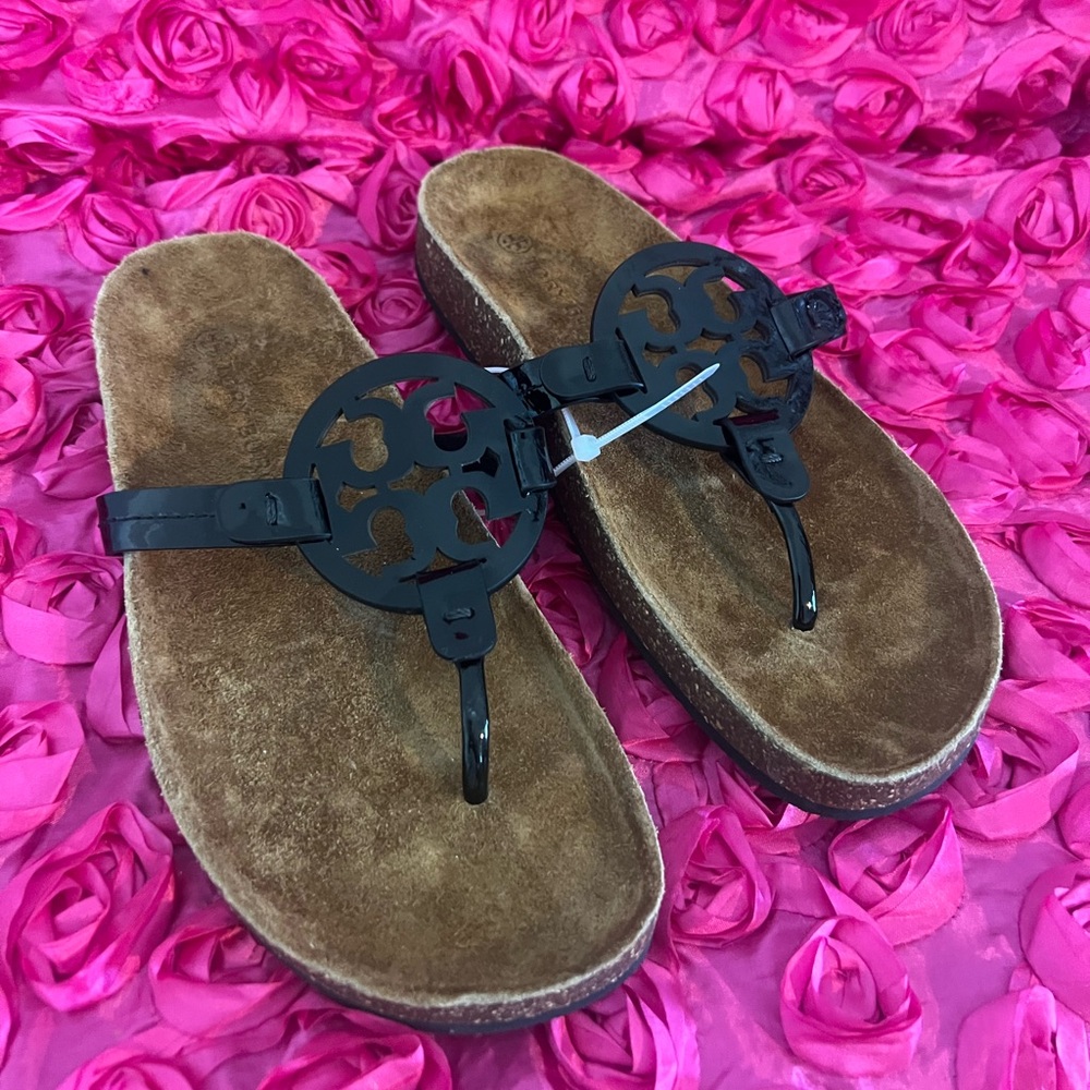 Tory Burch Cloud Miller Sandals Black Patent Leather Shoes